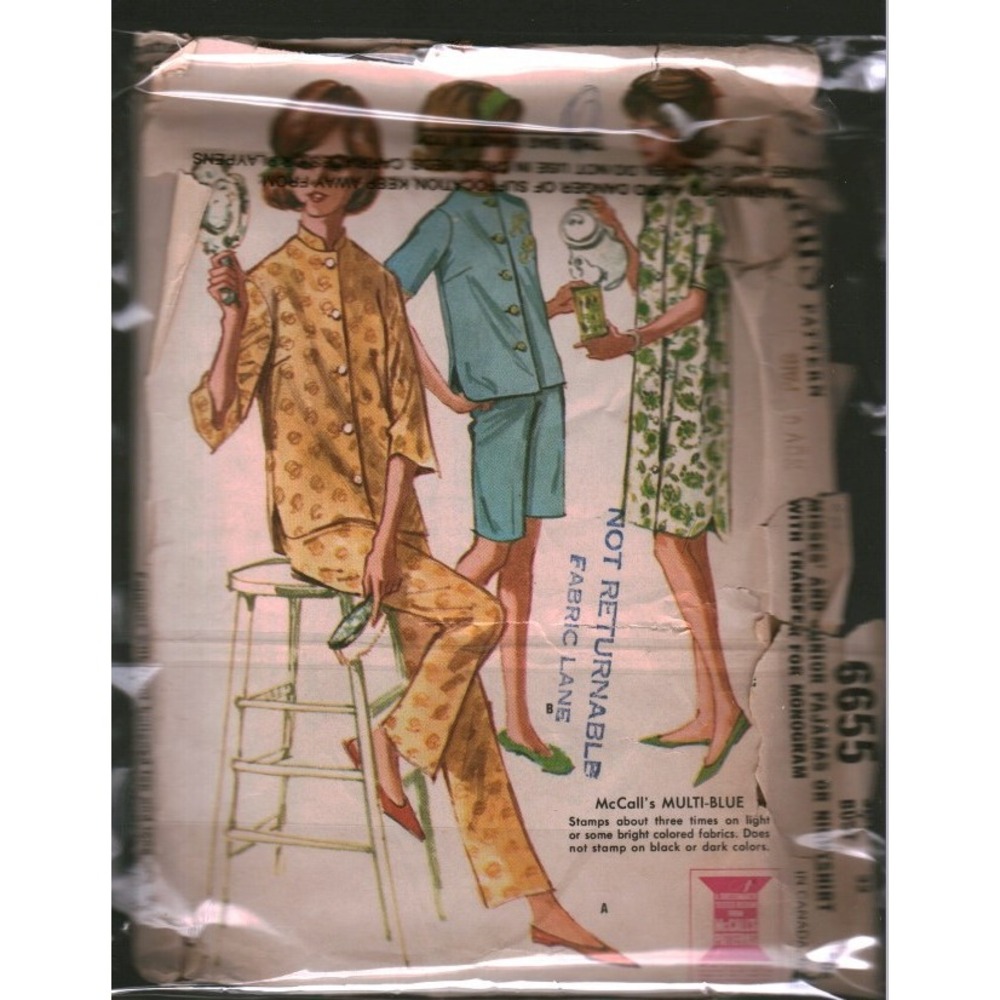 Vintage 1960s McCalls 6655 Pajamas Nightshirt Sewing Pattern Size 12 Bust 32